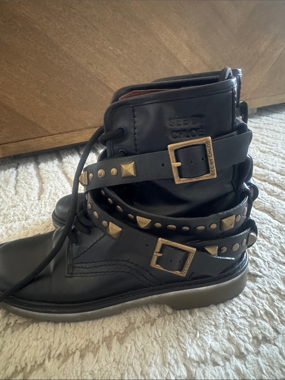 See By Chloe Black Leather Combat Boots with Gold Buckles & Studs
